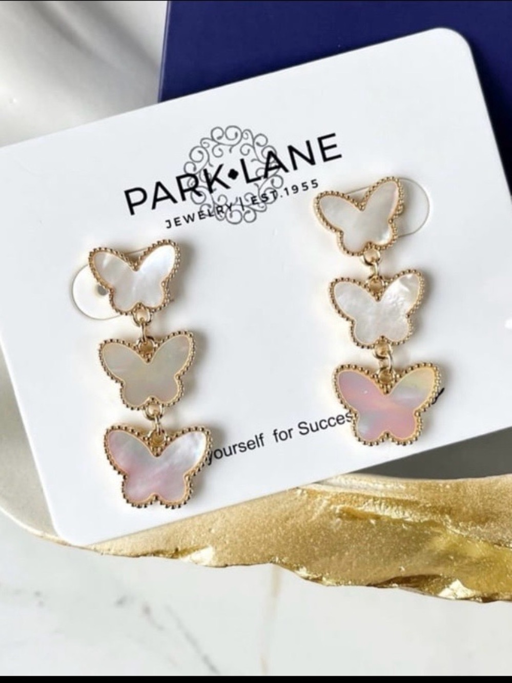 Park Lane Gold-tone Triple Butterfly Drop Earrings with White and Pink Insets